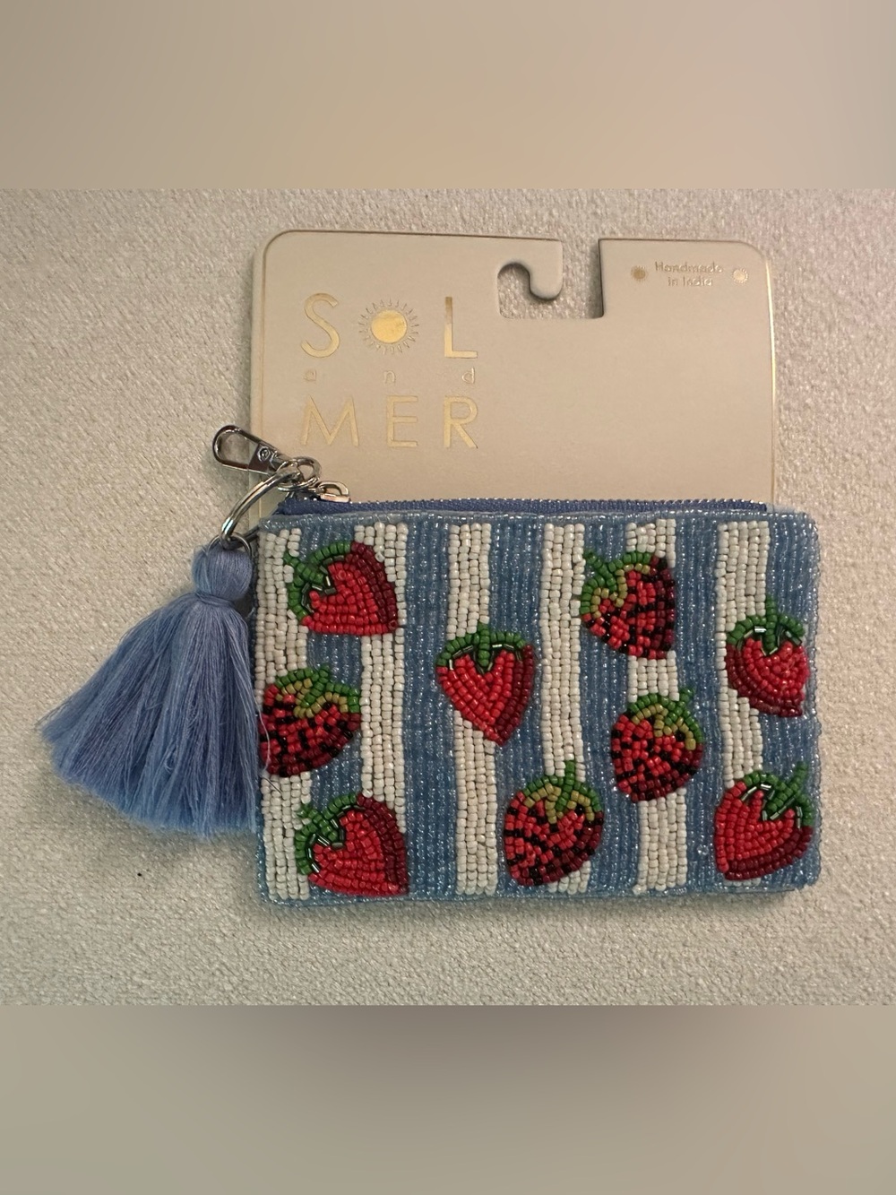 Beaded Strawberry Zip Change Purse Pouch with Tassel Bag Charm Made in India